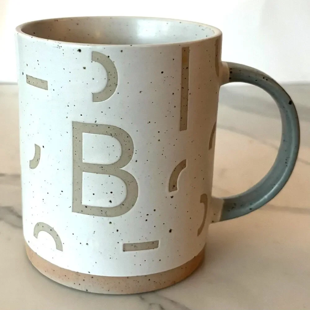 West Elm Monogram Coffee Mug Letter B White Tan Gray Stoneware Tea Cup 16 Oz
